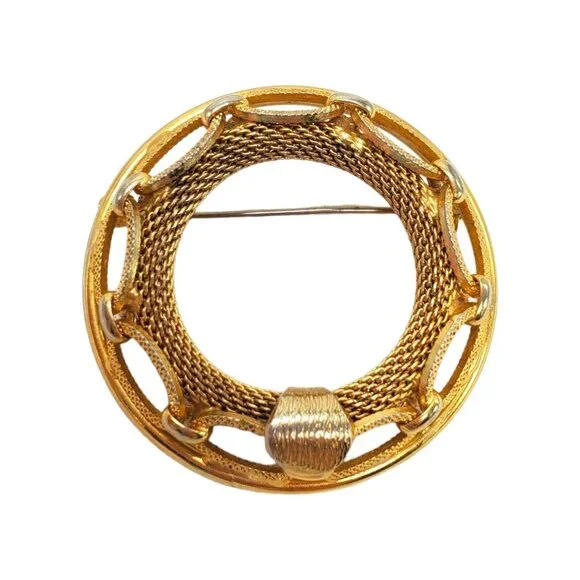 Vtg Round Mesh Chain Brooch Pin Gold Tone Nautical Circle Wreath Statement 2-1/8 - Picture 6 of 7